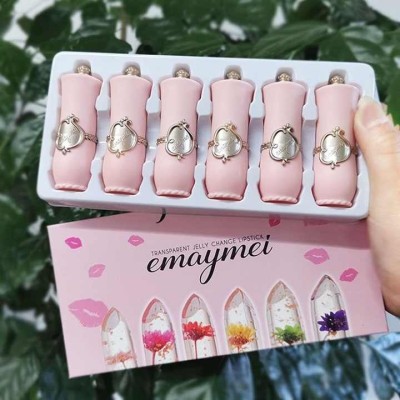 Crystal Transparent Jelly Lipstick Set With Flower Moisturizing Temperature Color Changing 6Pcs Flower Jelly Lipstick Set