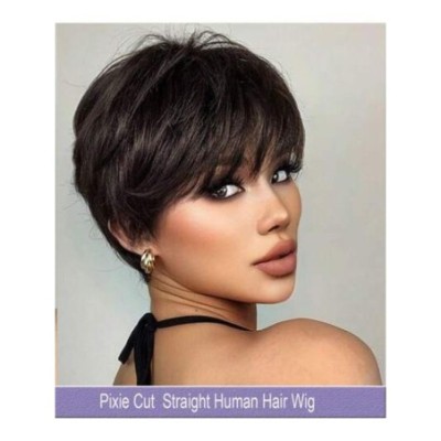 Peluca corta corte Pixie de cabello humano liso con flequillo