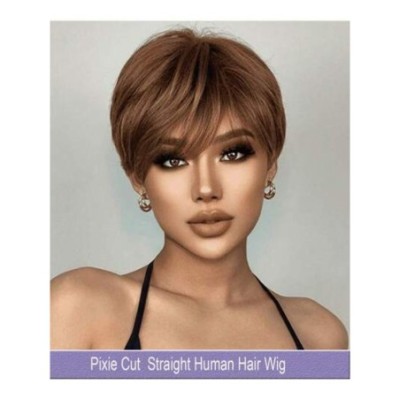 Peluca corta corte Pixie de cabello humano liso con flequillo